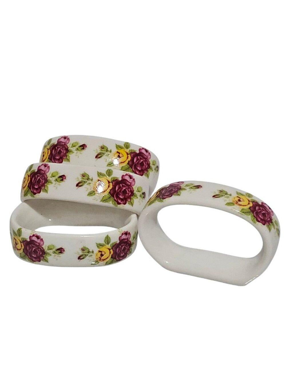 4 Victorian Rose Porcelain Napkin Rings vintage cabbage roses 1990s